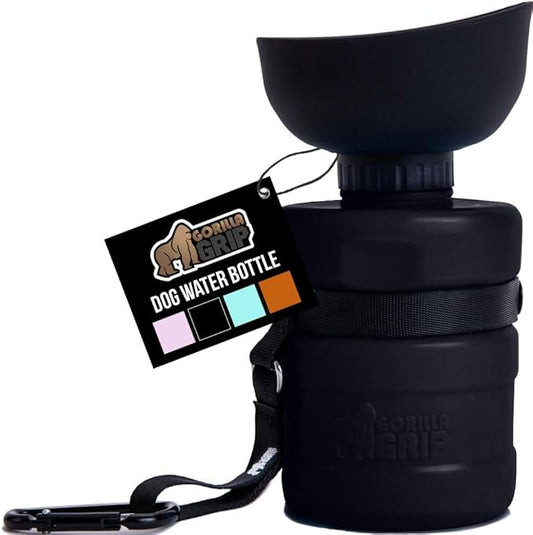 GORILLA GRIP Dog Water Bottle, Portable Water Bowl Dispenser for Dogs, 12 oz Leak Proof Pet Travel Squeeze Bottles, Food Grade Silicone, to Go Puppy Essentials, Hiking Camping Trip Accessories, Black