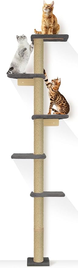 PAWSCRAT Wall-Mounted Cat Tree, 5 Tier Floor to Ceiling Cats Tower, 80 Inch Wall-Mounted Cat Scratching Post, Space Saving Cat Furniture and Easliy Climb for All Cats, Darkgery
