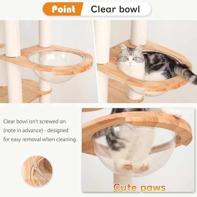 Wood Cat Tree for Large Cat, 63-Inch Tall Cat Tower with Scratching Post for Indoor Cats, Multi-Level Cat Condo with Hand-Woven Cat Bed and Acrylic Bowl Easy to Clean (White-63'')