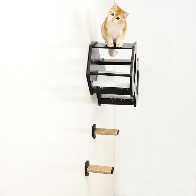 Cat Shelves with 3 Steps Scratcher Post & Hammock - Wall Mounted Climbing Shelf for Indoor Cats (Black)