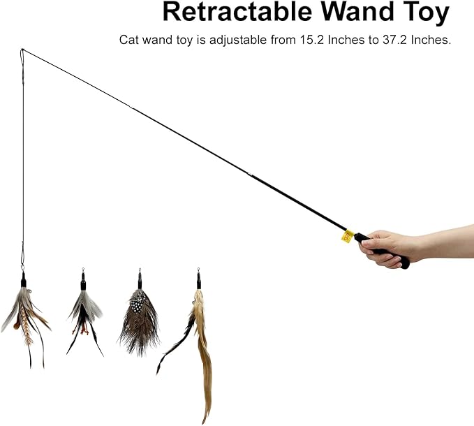 TTcat Cat Feather Wand Toys,Retractable Wand Toy with 4 Feather Refills, Interactive Cat Toy Kitten Toy for Indoor Cats to Play Chase Exercis