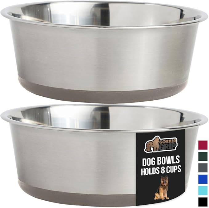 GORILLA GRIP Set of 2 Dog Bowls, Holds 8 Cups (64 fl oz), Heavy Duty Metal Food and Water Bowl for Feeding Dogs and Cats, Dishwasher Safe, Rust Resistant Stainless Steel, BPA Free Rubber Base, Beige
