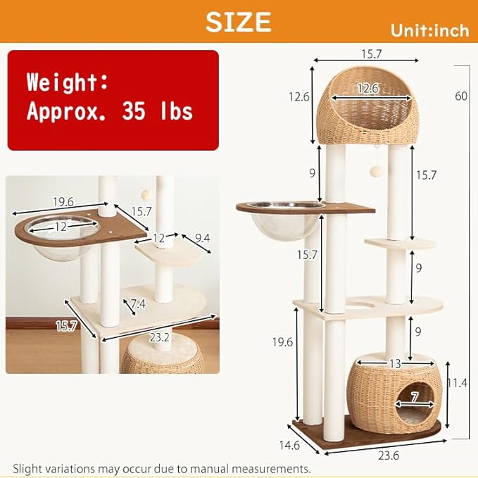 Modern Cat Tree for Large Cat, 60-Inch Tall Cat Tower with Scratching Post for Indoor Cats, Multi-Level Cat Condo with Hand-Woven Cat Bed and Acrylic Bowl (Brown-Particle Board)