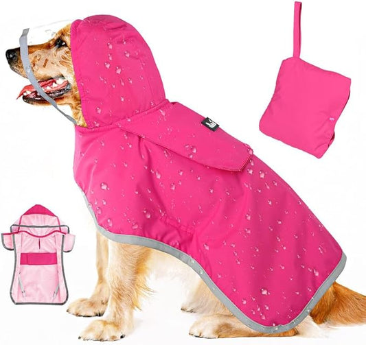 SlowTon Dog Raincoat, Adjustable Dog Rain Jacket Clear Hooded Double Layer, Waterproof Poncho with Reflective Strip Straps and Storage Pocket for Small Medium Large Dogs Puppies(FU XXL)