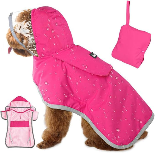 SlowTon Dog Raincoat, Adjustable Dog Rain Jacket Clear Hooded Double Layer, Waterproof Poncho with Reflective Strip Straps and Storage Pocket for Small Medium Large Dogs Puppies(FU XS)
