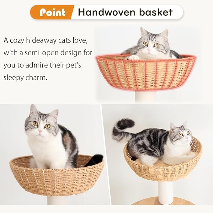 Wood Cat Tree for Large Cat, 57-Inch Tall Cat Tower with Scratching Post for Indoor Cats, Multi-Level Cat Condo with Hand-Woven Cat Bed and Acrylic Bowl Easy to Clean (Cream Y909S)
