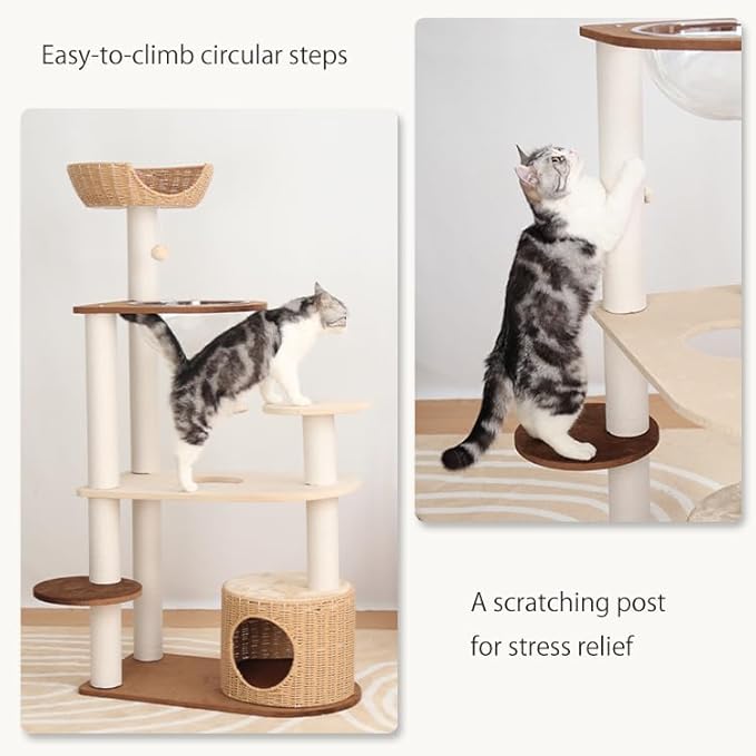 Modern Cat Tree for Large Cat, 53-Inch Tall Cat Tower with Scratching Post for Indoor Cats, Multi-Level Cat Condo with Hand-Woven Cat Bed and Acrylic Bowl Easy to Clean (Mixcolor 132cm)