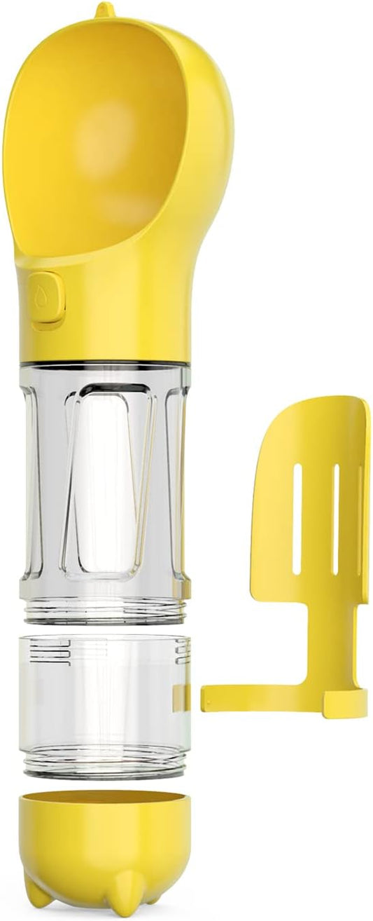 Portable 3 in 1 Dog Bottle,Storage for Pet Water,Food and Poop Waste Bags.Leakproof,with Lanyard and Trash Shovel,Dog Travel and Pet Outdoor Activity Necessities,Yellow(10.15OZ)