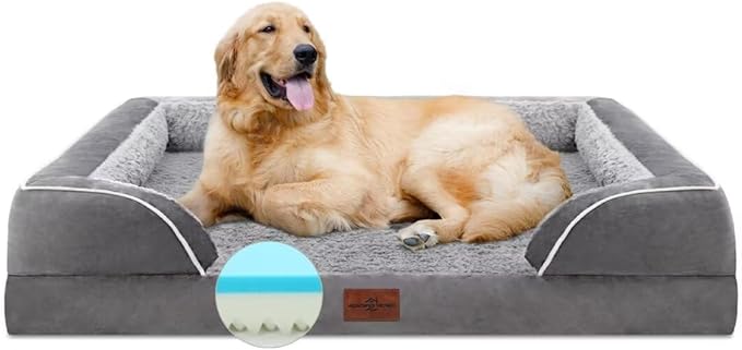 Comfort Expression Orthopedic Dog Bed for Extra Large Dogs 42x30 Inch, Waterproof Supportive Memory Foam XL Pet Bed with Removable Bolster, Dog Couch with Washable Cover & Non-Slip Bottom, Silver Grey
