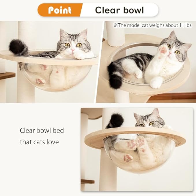 Wood Cat Tree for Large Cat, 63-Inch Tall Cat Tower with Scratching Post for Indoor Cats, Multi-Level Cat Condo with Hand-Woven Cat Bed and Acrylic Bowl Easy to Clean (White 81007s)