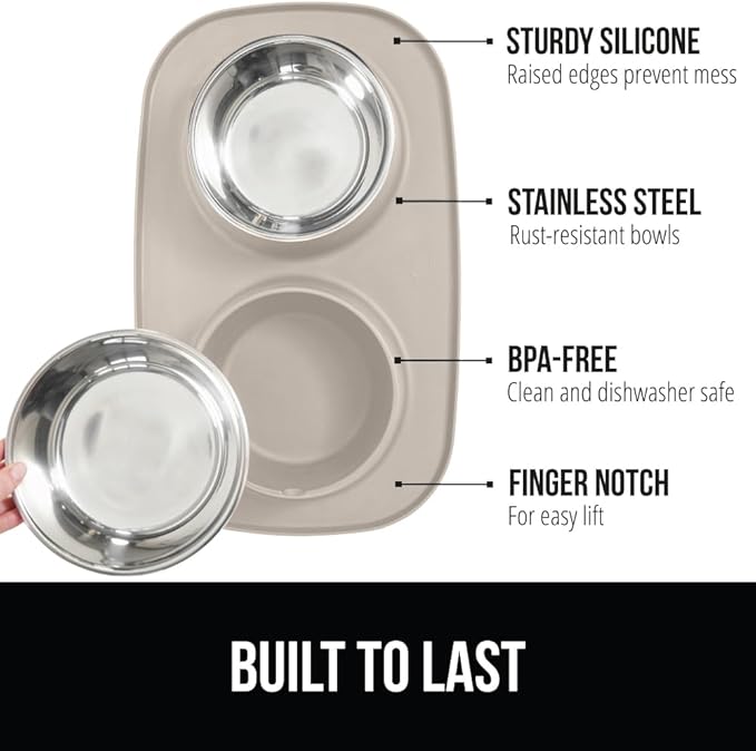 GORILLA GRIP Feeding Mat Set, Patent Pending 100% Waterproof BPA Free Silicone, Stainless Steel Cat and Dog Bowls, Slip Resistant, High Edges Catch Water Food, US Designed Pet Accessories, 1 Cup Beige