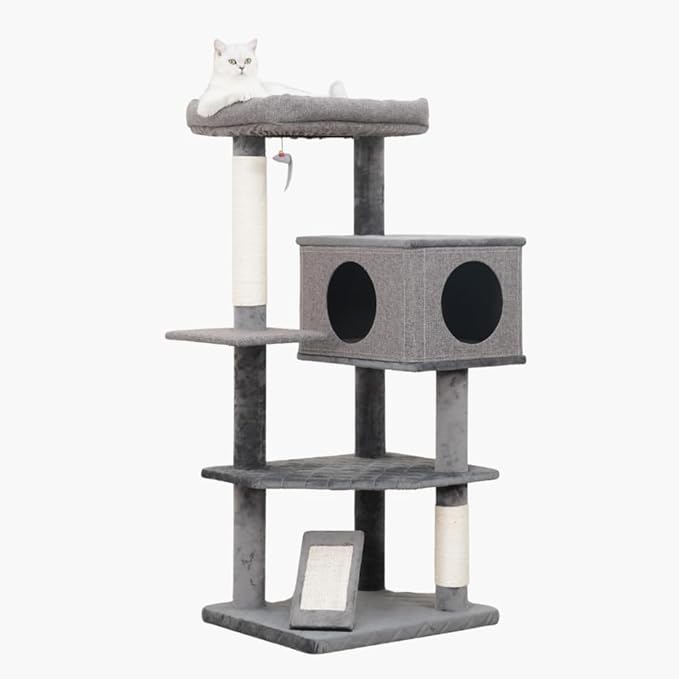 Catry Minimalistic Contemporary Cat Tree 49 Inch 5 Level with Two Natural Sisal Scratching Posts and Ramp, Large, Yara