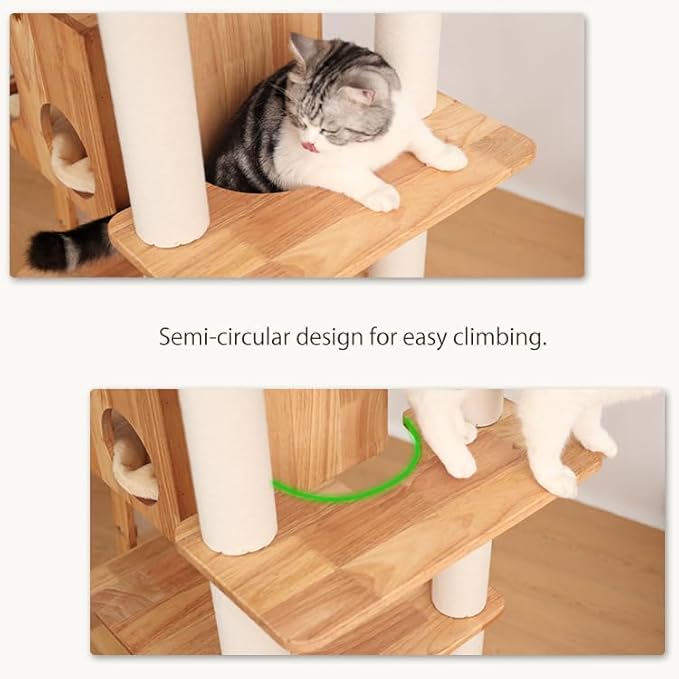 Wood Cat Tree for Large Cats, 62-Inch Tall Modern Cat Tower with Condo & Scratching Posts - Easy to Clean, Heavy-Duty, Furniture-Grade Design for Stable Climbing, Eco-Friendly (White 62'')