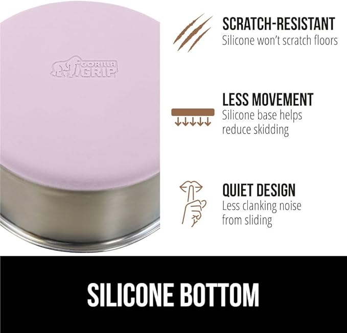 GORILLA GRIP Set of 2 Dog Bowls, Heavy Duty Metal Food and Water Bowl for Feeding Dogs and Cats, Dishwasher Safe, Rust Resistant Stainless Steel, BPA Free Rubber Base, Holds 1 Cup (8 fl oz), Lt Pink