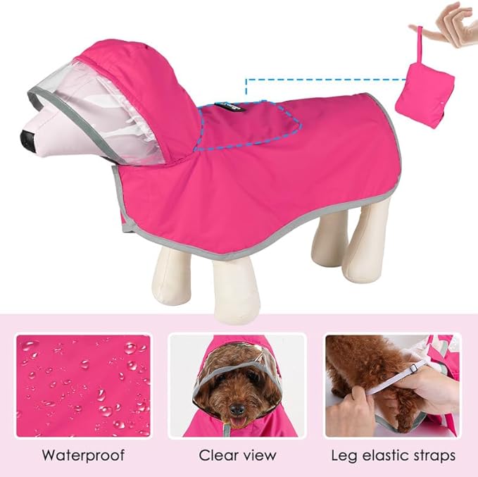 SlowTon Dog Raincoat, Adjustable Dog Rain Jacket Clear Hooded Double Layer, Waterproof Poncho with Reflective Strip Straps and Storage Pocket for Small Medium Large Dogs Puppies(FU XXL)
