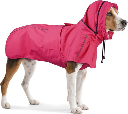Dog Raincoat XL, Waterproof Rain Jacket for Dogs with Hood and Leash Hole, Reflect Strips, Ideal for Rain, Snow, Windy Weather & Outdoor Walks, Camping, Hiking - Pink