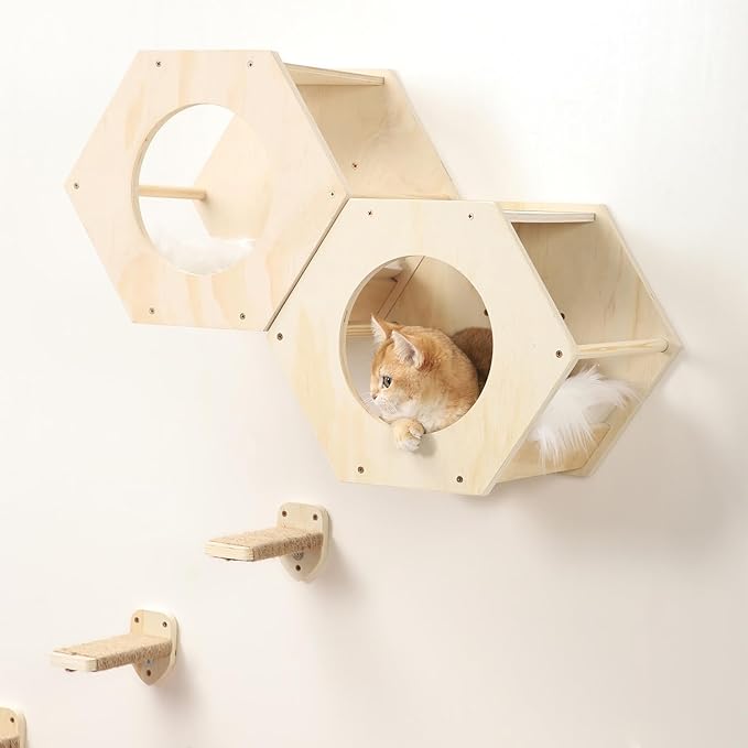 Cat Wall Shelves, Cat Shelves for Wall, Cat Wall Furniture, Cat Shelf with 3 Steps Scratcher Post, Cat Tree Hammock with Plush Wall Mounted, Climbing Shelf Wall Mount for Indoor Cats (Wood)