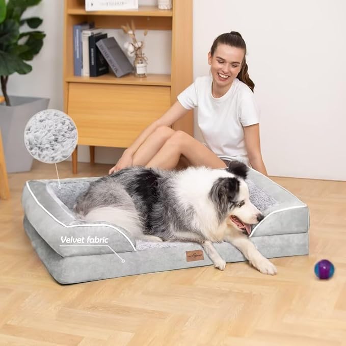 Comfort Expression Orthopedic Dog Bed for Extra Large Dogs 53x42 Inch, Waterproof Supportive Memory Foam XXL Pet Bed with Removable Bolster, Dog Couch with Washable Cover & Non-Slip Bottom, Light Grey