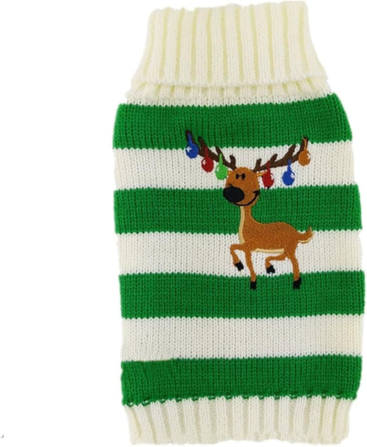 Turtleneck Stripes Pet Clothes Dog Wool Classic Sweaters (Green&White Stripes Deer, M)