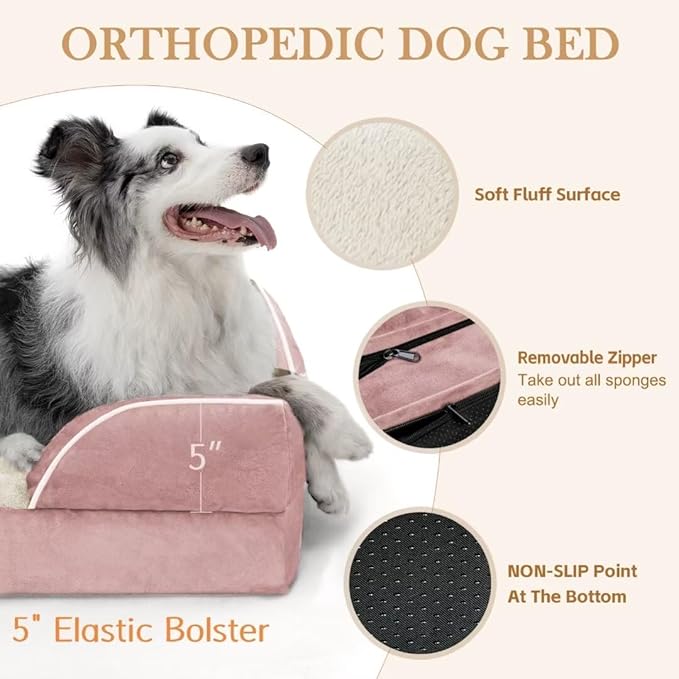 Comfort Expression Orthopedic Dog Bed for Extra Large Dogs 45x35 Inch, Waterproof Supportive Egg Crate Foam XL Pet Bed with Removable Bolsters, Dog Couch with Washable Cover & Non-Slip Bottom, Pink