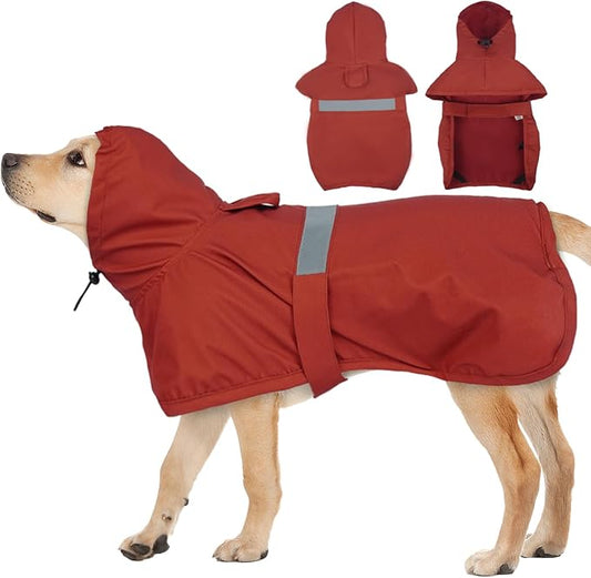 MIGOHI Dog Rain Jacket, Reflective Rain Coat for Medium Dogs | Adjustable Hind Leg Straps Rainproof, Waterproof & Windproof Coat for Rainy Days, Dog Poncho with Back Leash Hole, Red, 2XL