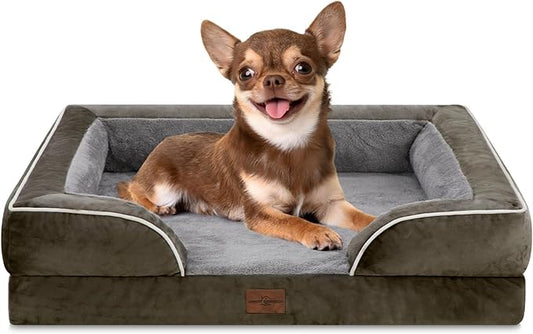 Comfort Expression Orthopedic Dog Bed for Small Dogs 24x16 Inch, Waterproof Supportive Egg Crate Foam Small Pet Bed with Removable Bolsters, Dog Couch with Washable Cover & Non-Slip Bottom, Dark Green