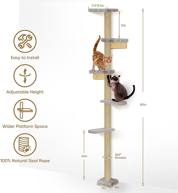 PAWSCRAT Wall-Mounted Cat Tree, 5 Tier Floor to Ceiling Cats Tower, 80 Inch Wall-Mounted Cat Scratching Post, Space Saving Cat Furniture and Easliy Climb for All Cats, Gery