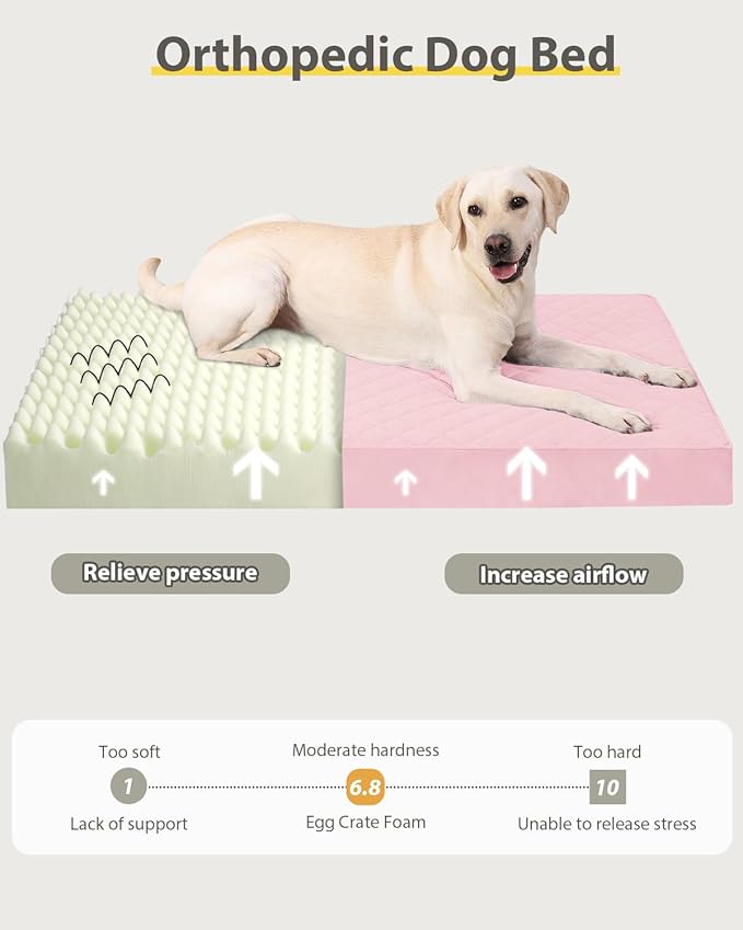 Orthopedic Dog Beds for Extra Large Dogs Waterproof Pet Kennel Pad with Removable Washable Cover and Non-Slip Bottom, 47x29 Inch, Pink