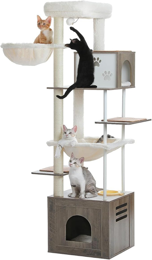 PAWZ Road Large Cat Tree with Food Station, 74.8 Inches Wooden Tall Cat Tower with Extra Large Condos and Hammocks,Spacious Perch,Sisal and Steel Posts, Scratching Mat for Indoor Adult Cats-Gray