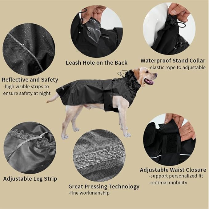 Adjustable Waterproof Dog Raincoat for Dogs,Lightweight Pet Rain Jacket Puppy Clothes with Reflective Strip for Small Medium Large Dogs (Black, Small)