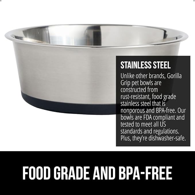 GORILLA GRIP Stainless Steel Metal Dog Bowl, Rubber Base, Heavy Duty Feeding Dish, Food Grade BPA Free, Less Sliding on Floors, Quiet Pet Bowl for Cats and Dogs, Holds 4 Cups (32 fl oz), Black