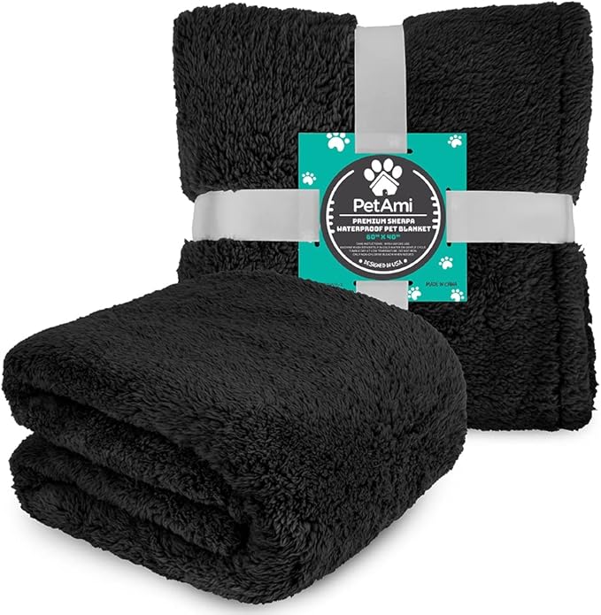 PetAmi Fluffy Waterproof Dog Blanket for Bed Large Dogs, Soft Warm Pet Sherpa Throw Pee Proof Couch Cover, Reversible Cat Blanket Sofa Crate Kennel Protector, Washable Mat (Black, 60x80)