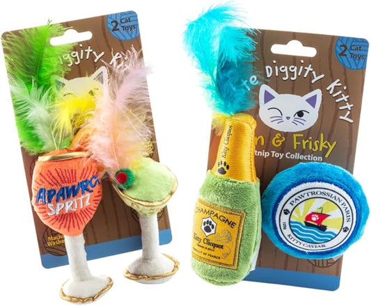 Clicquot Champagne & Caviar + Kitty Cocktails Apawrol Spritz & Cattini Set, Plush Cat Toys Catnip Filled with Interactive Crackle Sound, Safe, Durable Toys for Cat & Kitten, 4 Pcs