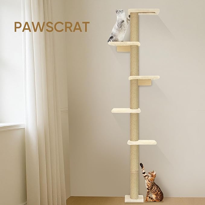 PAWSCRAT Wall-Mounted Cat Tree, 5 Tier Floor to Ceiling Cats Tower, 80 Inch Wall-Mounted Cat Scratching Post, Space Saving Cat Furniture and Easliy Climb for All Cats, Beige
