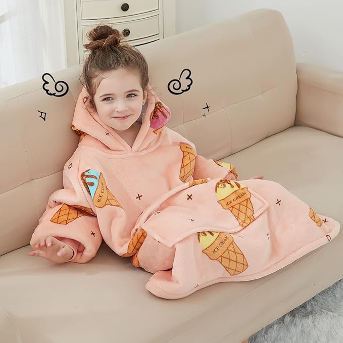 KFUBUO Wearable Blanket Hoodie for Kids Sherpa Patterns Oversized Sweatshirt Blanket With Pocket 6-10 Year Old Girl Birthday Gifts Ice Cream