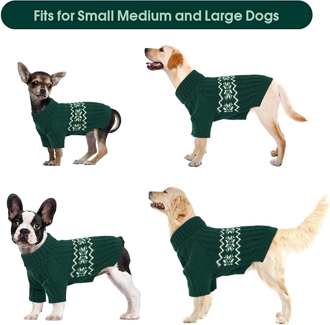 Kuoser Dog Sweater, Dog Sweaters for Medium Dogs, Doggie Sweater Christmas Clothes, Winter Coat Apparel Cable Knitwear, Pet Sweatshirt Outfit for Frech Bulldog, Boston Terrier, Green L