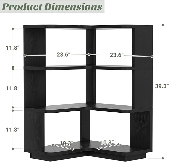 Armocity Corner Book Shelf - 4 Tier Corner Bookshelf Etagere Bookcase with Baffle, Freestanding L Shaped Display Shelf Stand for Home Office, Living Room, Bedroom, Kitchen, Black