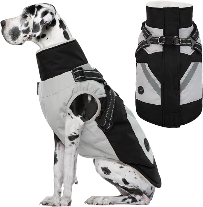 IECOii Large Dog Coat with Harness Built in,Reflective Waterproof Dog Coat for Giant Breeds - Zip Up Fleece Jacket for Dogs,Great Dane Winter Coats Warm Snowsuit for Cold Weather, Black, 4XL