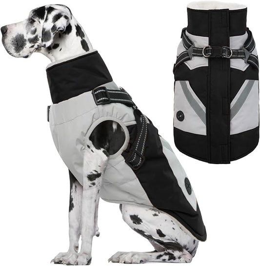 IECOii Large Dog Coat with Harness Built in,Reflective Waterproof Dog Coat for Giant Breeds - Zip Up Fleece Jacket for Dogs,Great Dane Winter Coats Warm Snowsuit for Cold Weather, Black, 4XL