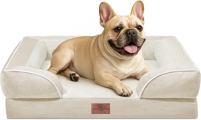 Comfort Expression Orthopedic Dog Bed for Medium Dogs 28x19 Inch, Waterproof Supportive Egg Crate Foam Medium Pet Bed with Removable Bolsters, Dog Couch with Washable Cover & Non-Slip Bottom, Beige