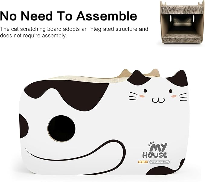TTCAT Cute Kawaii Cat House Cat Scratching Pad Corrugated Cardboard Cat Scratcher Lounge, Durable Cat Scratching Board with Catnip for Furniture Protection.Black+White
