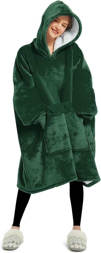 KFUBUO Wearable Blanket Hoodie for Adults Sherpa All Patterns Oversized Sweatshirt Blanket with Pockets Gifts for Mom Emerald Green