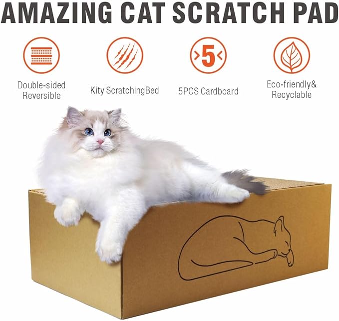 5 PCS Cat Scratching Boards with1 Box for Indoor Cats, 17.3inch Extra Large Recyclable and Reversible Cardboard，Suitable for Cats Rest and Play with Scratch Box