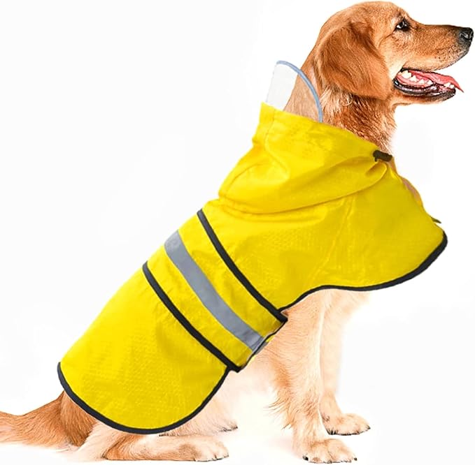 Dog Raincoat Waterproof Reflective Slicker - Lightweight Breathable Hooded Poncho Rain Coat Jacket with Adjustable Belly Strap and Leash Hole for Small Medium Large Dogs (Yellow, XX-Large)