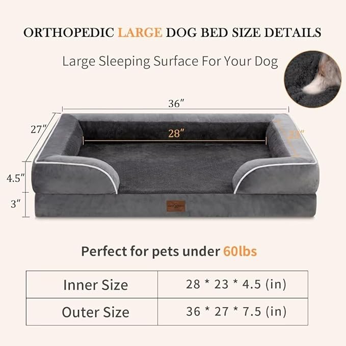 Comfort Expression Orthopedic Dog Bed for Large Dogs 36x27 Inch, Waterproof Supportive Memory Foam Large Pet Bed with Removable Bolsters, Dog Couch with Washable Cover & Non-Slip Bottom, Leaden Grey