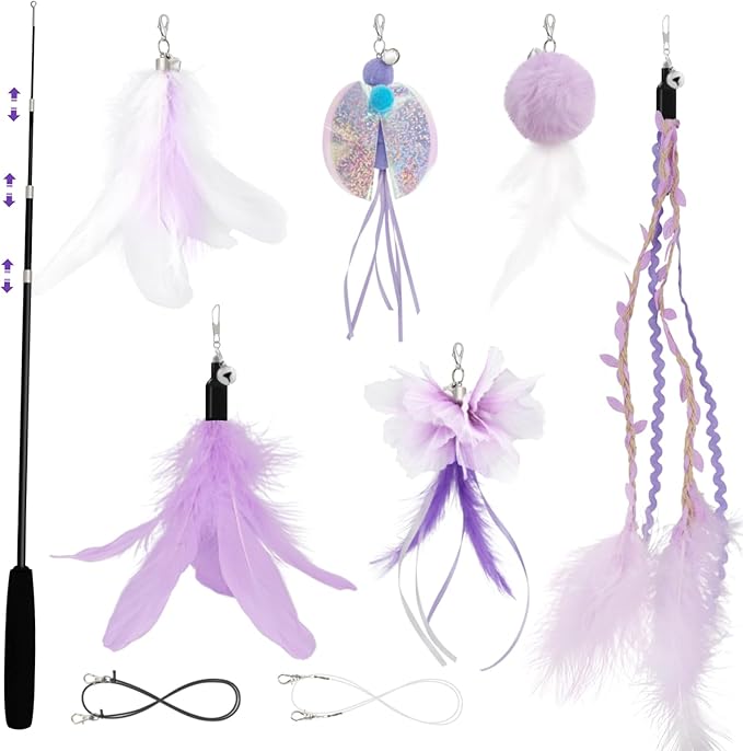 SONGWAY Cat Wand Toys for Indoor Cats - Cat Toy Set with Retractable Teaser Wand and 6 PCS Fairy Feather Toy Refills, Dragonfly Tassel Plush Cat Toys Interactive, Purple