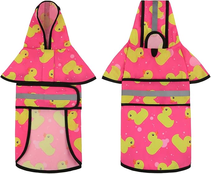 HDE Dog Raincoat Jacket Reflective Adjustable Hooded Pet Poncho Rain Coat with Leash Hole for Small to X-Large Dogs Pink Ducks - S
