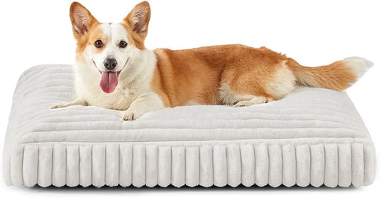 Dog Bed Medium Size Dog, Flat Pet Beds with Removable Washable Cover, Pet Mat Cute Crate Bed Thick Shredded Chopped Crate Foam & Anti Slip Bottom for Indoor, 29"x21"x3" Cream