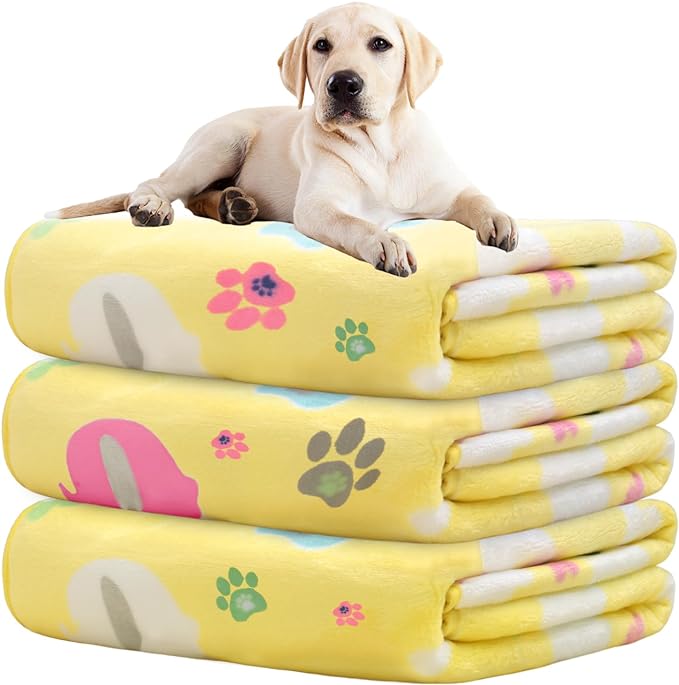 Rezutan 1 Pack 3 Dog Blanket for Large Dogs,41x31 inch for Medium Soft Fluffy Washable Pet Cat Blankets,Reversible Elephant & Paw Print for Dog Kennels & Beds, Sofas,Yellow