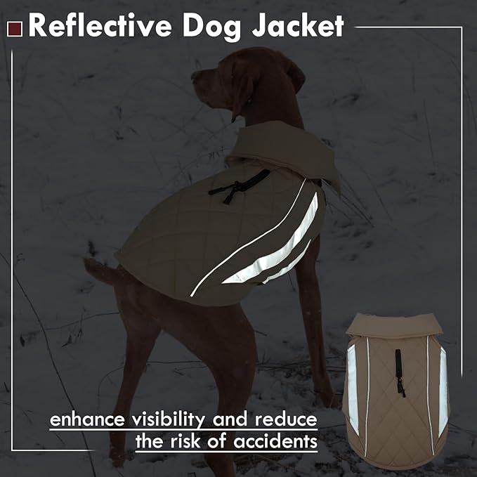 Dog Jacket for Large Dogs Winter Coat with Harness Hole Waterproof Reflective Turtleneck Snowsuit Adjustable Hook & Loop Cold Weather Coats for Dogs Border Collie Pitbull, Khaki 2XL